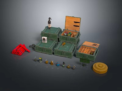 Weapon Storage Cases With Open Green Toolboxes Red Tools And Small Components 3d model