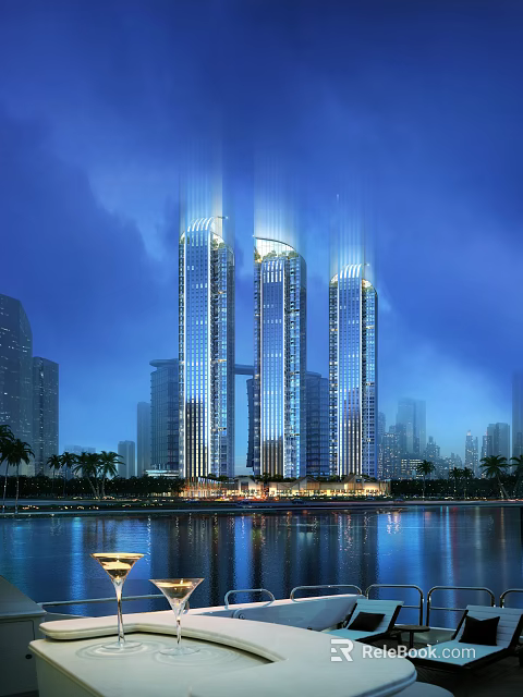 Modern Illuminated Tall Buildings At Night With Waterfront And Palm Trees 3d model 