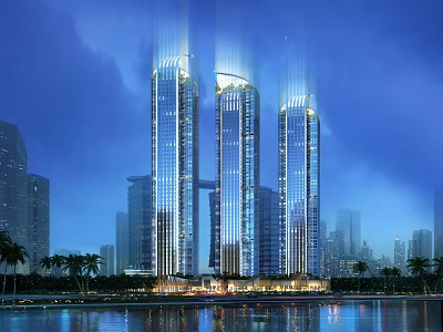 Modern Illuminated Tall Buildings At Night With Waterfront And Palm Trees 3d model