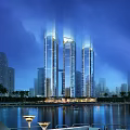 Modern Illuminated Tall Buildings At Night With Waterfront And Palm Trees