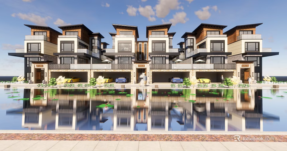 Modern Townhouse Exterior With Reflective Water Pool Balconies And Parked Cars 3d model 