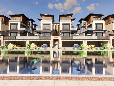 Modern Townhouse Exterior With Reflective Water Pool Balconies And Parked Cars 3d model
