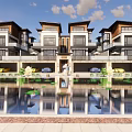 Modern Townhouse Exterior With Reflective Water Pool Balconies And Parked Cars