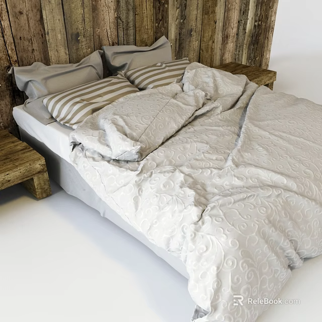 Double Bed With Wooden Plank Headboard Striped Pillows Light Patterned Duvet And Wooden Bedside Tables 3d model 