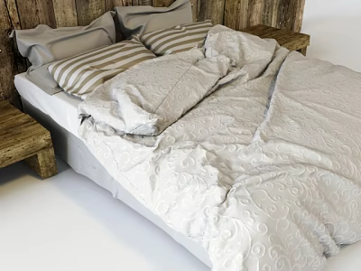 Double Bed With Wooden Plank Headboard Striped Pillows Light Patterned Duvet And Wooden Bedside Tables 3d model