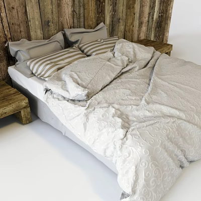 Double Bed With Wooden Plank Headboard Striped Pillows Light Patterned Duvet And Wooden Bedside Tables 3d model