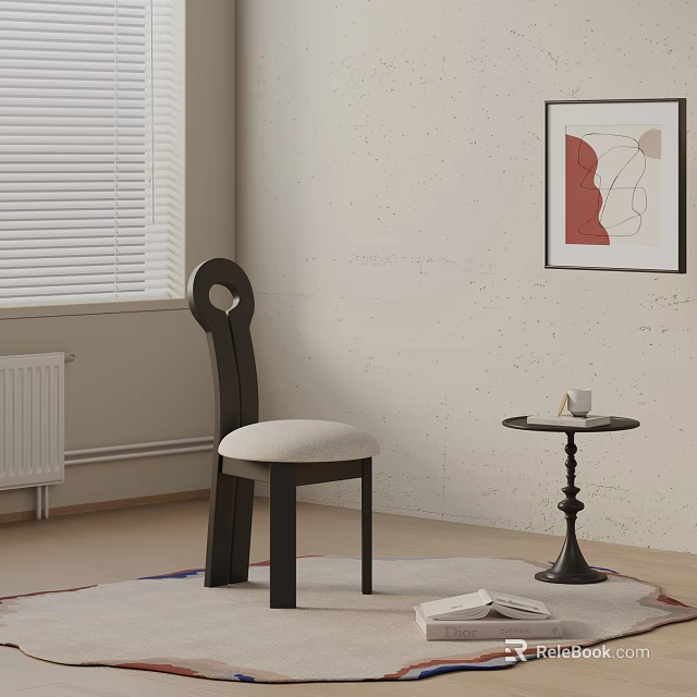 Stylish Dining Chair With Light Colored Cushion By Window With Blinds And Small Side Table 3d model