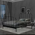 Double Bed Black Metal Curved Headboard Light Blue Bedding Gray Wall Decorative Paintings Window Curtains