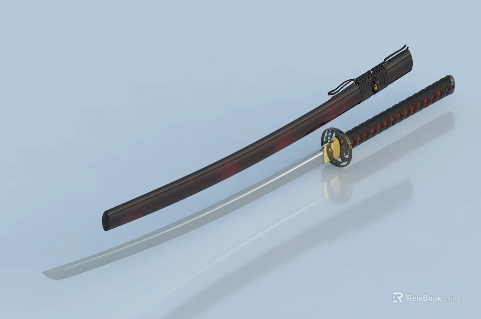 Traditional Samurai Sword With Wooden Scabbard Red Black Handle And Polished Blade 3d model