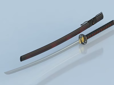 Traditional Samurai Sword With Wooden Scabbard Red Black Handle And Polished Blade 3d model