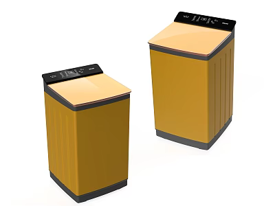 Two Modern Yellow Upright Washing Machines With Black Control Panels 3d model
