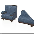 Blue Geometric Patterned Armchair And Ottoman With Wooden Arms And Legs