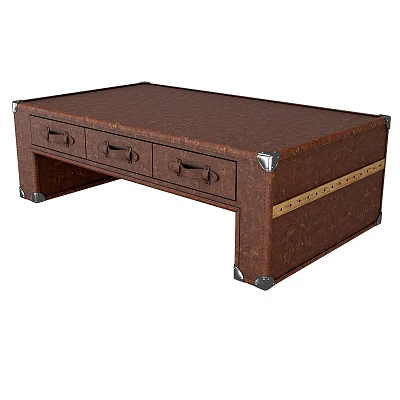 Brown Leather Coffee Table With Drawers And Metal Corner Rivet Accents 3d model