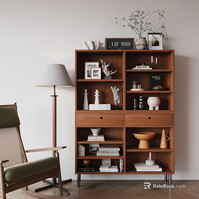 Stylish Wooden Bookshelf Interior With Decorative Sculptures Books Photo Frames And Clock 3d model 