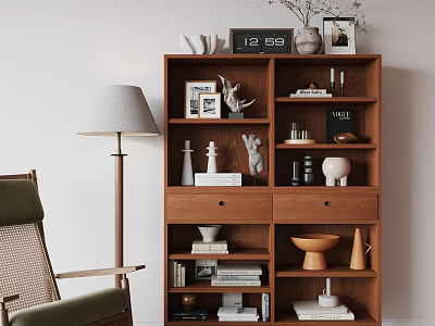 Stylish Wooden Bookshelf Interior With Decorative Sculptures Books Photo Frames And Clock 3d model