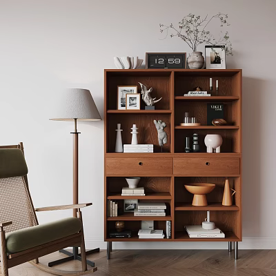 Stylish Wooden Bookshelf Interior With Decorative Sculptures Books Photo Frames And Clock 3d model