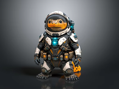 Cute Penguin In Futuristic Spacesuit With Mechanical Design And Glowing Elements On Gray Background 3d model