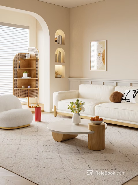 Minimalist Modern Living Room Interior With White Sofa Round Coffee Table And Decorative Painting 3d model 