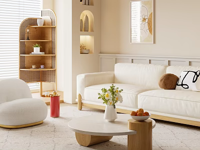 Minimalist Modern Living Room Interior With White Sofa Round Coffee Table And Decorative Painting 3d model