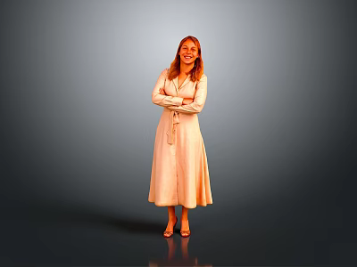 Woman In Light Pink Dress Standing With Arms Crossed Against Gray Background 3d model