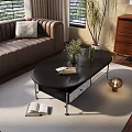 Black Coffee Table with Books Potted Plant and White Pillow in Modern Living Room