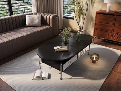 Black Coffee Table with Books Potted Plant and White Pillow in Modern Living Room 3d model