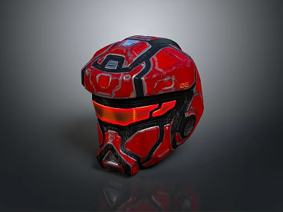 Futuristic Warrior Helmet In Red With Black Accents And Glowing Orange Visor 3d model