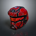 Futuristic Warrior Helmet In Red With Black Accents And Glowing Orange Visor