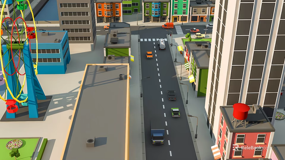 Cartoon Scenery Featuring City Street With Colorful Buildings Cars And Urban Roads 3d model 