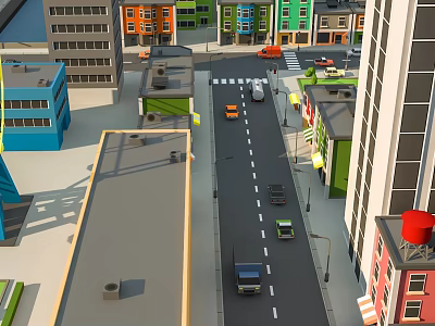 Cartoon Scenery Featuring City Street With Colorful Buildings Cars And Urban Roads 3d model