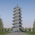 Traditional Chinese Multi Story Pagoda With White Body Blue Roof And Eaves Surrounded By Trees