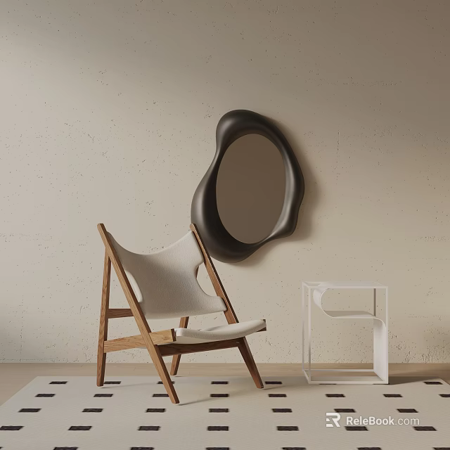 Accent Chair with Wooden Frame Light Cushion Black Irregular Mirror Transparent Side Table Beige Wall 3d model 