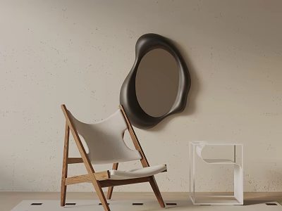 Accent Chair with Wooden Frame Light Cushion Black Irregular Mirror Transparent Side Table Beige Wall 3d model