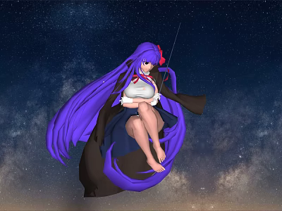 Anime Game Character With Long Purple Hair Red Accessory Floating In Starry Sky 3d model