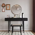 Elegant Black Dressing Table with Round Mirror Woven Stool Decorative Paintings and Ornaments on White Wall