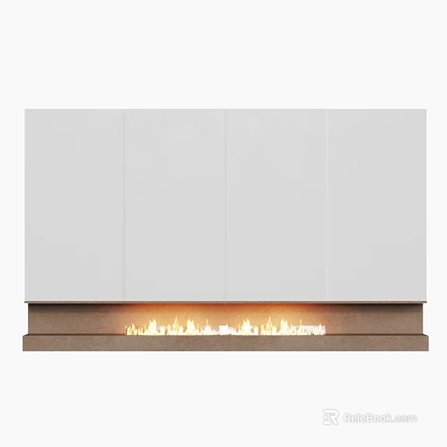 Modern White Fireplace Interior Design With Three Cabinets And Burning Flames 3d model