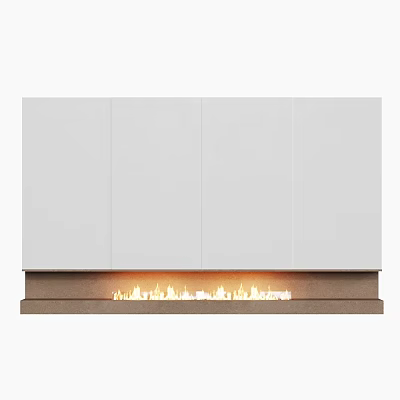 Modern White Fireplace Interior Design With Three Cabinets And Burning Flames 3d model