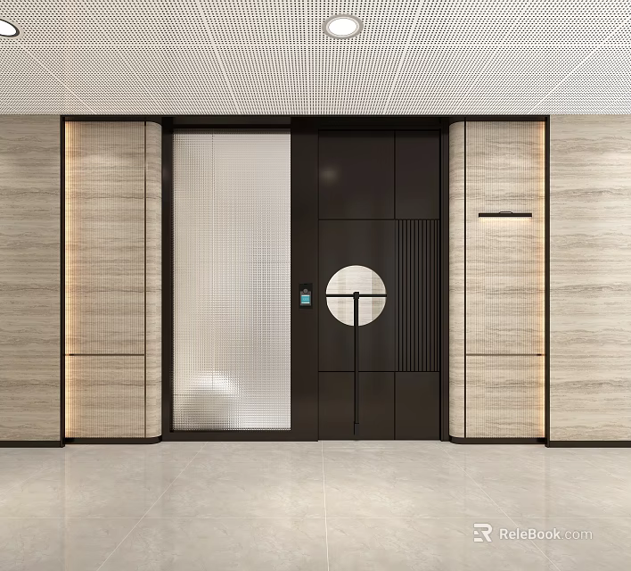 Modern Office Corridor With Wooden Wall Panels Glass Door And Recessed Lighting 3d model 