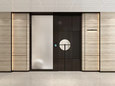 Modern Office Corridor With Wooden Wall Panels Glass Door And Recessed Lighting 3d model