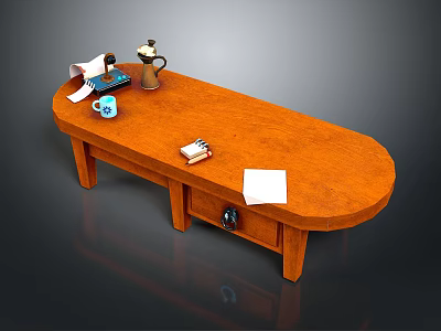 Wooden Oval Coffee Table with Scroll Teapot Blue Cup Books White Paper and Drawer 3d model