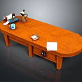 Wooden Oval Coffee Table with Scroll Teapot Blue Cup Books White Paper and Drawer