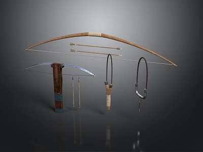 Traditional Weapon Bow With Wooden Arrows Quiver And Hunting Accessories 3d model