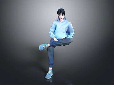 A Man in Blue Hoodie Blue Pants and Blue Shoes Sitting Cross-Legged Against Gray Background 3d model