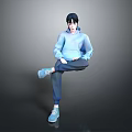 A Man in Blue Hoodie Blue Pants and Blue Shoes Sitting Cross-Legged Against Gray Background