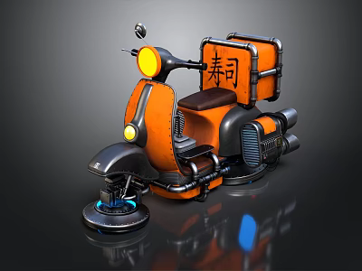 Orange Futuristic Motorcycle With Sushi Delivery Box Blue Accent Lights And Glossy Surface Reflection 3d model