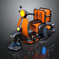 Orange Futuristic Motorcycle With Sushi Delivery Box Blue Accent Lights And Glossy Surface Reflection