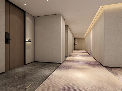 Hotel Corridor Modern Interior Design With Neutral Walls Soft Lighting And Patterned Carpet 3d model