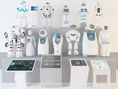 Modern Robots And Interactive Technology Devices With Touchscreen Panels And Displays 3d model