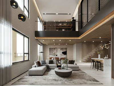 Modern Duplex Living Room Interior With Staircase Sofa And Large Windows 3d model