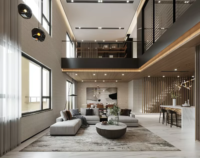 Modern Duplex Living Room Interior With Staircase Sofa And Large Windows 3d model